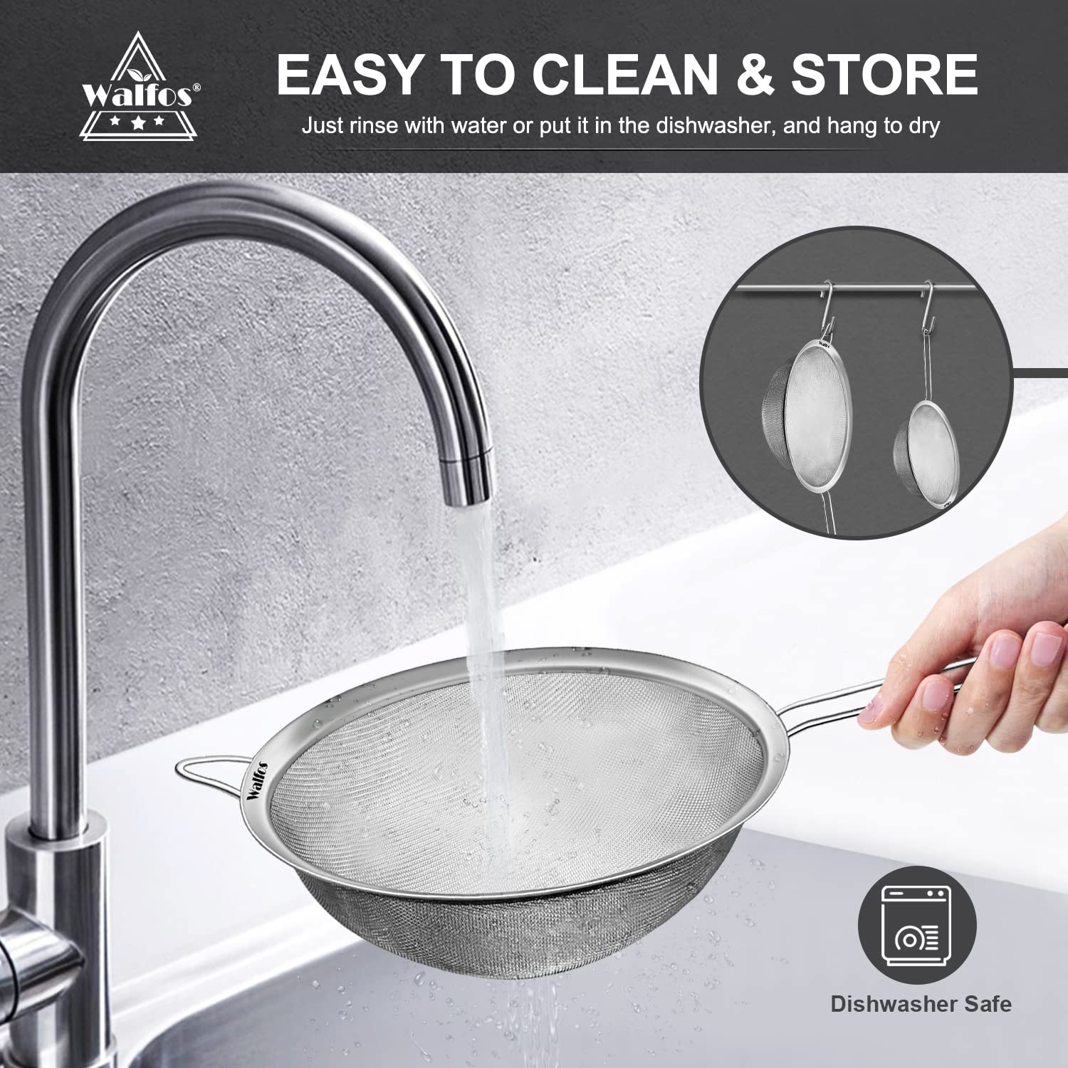 Walfos Large Fine Mesh Strainer 9.35" & 7.8", Stainless Steel Mesh Sieve with Sturdy Handle, Kitchen Metal Food Strainers for Quinoa, Rice, Pasta, Fruits, Vegetables, etc., Set of 2