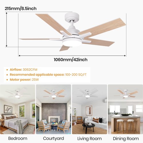 Viossn 42 Inch Ceiling Fans, White Ceiling Fan with Remote, Ceiling Fans with 6-Speeds Reversible Motor, Ceiling Fan with 5 Two-sided Blades Dimmable Noiseless for Indoor Bedroom/Outdoor