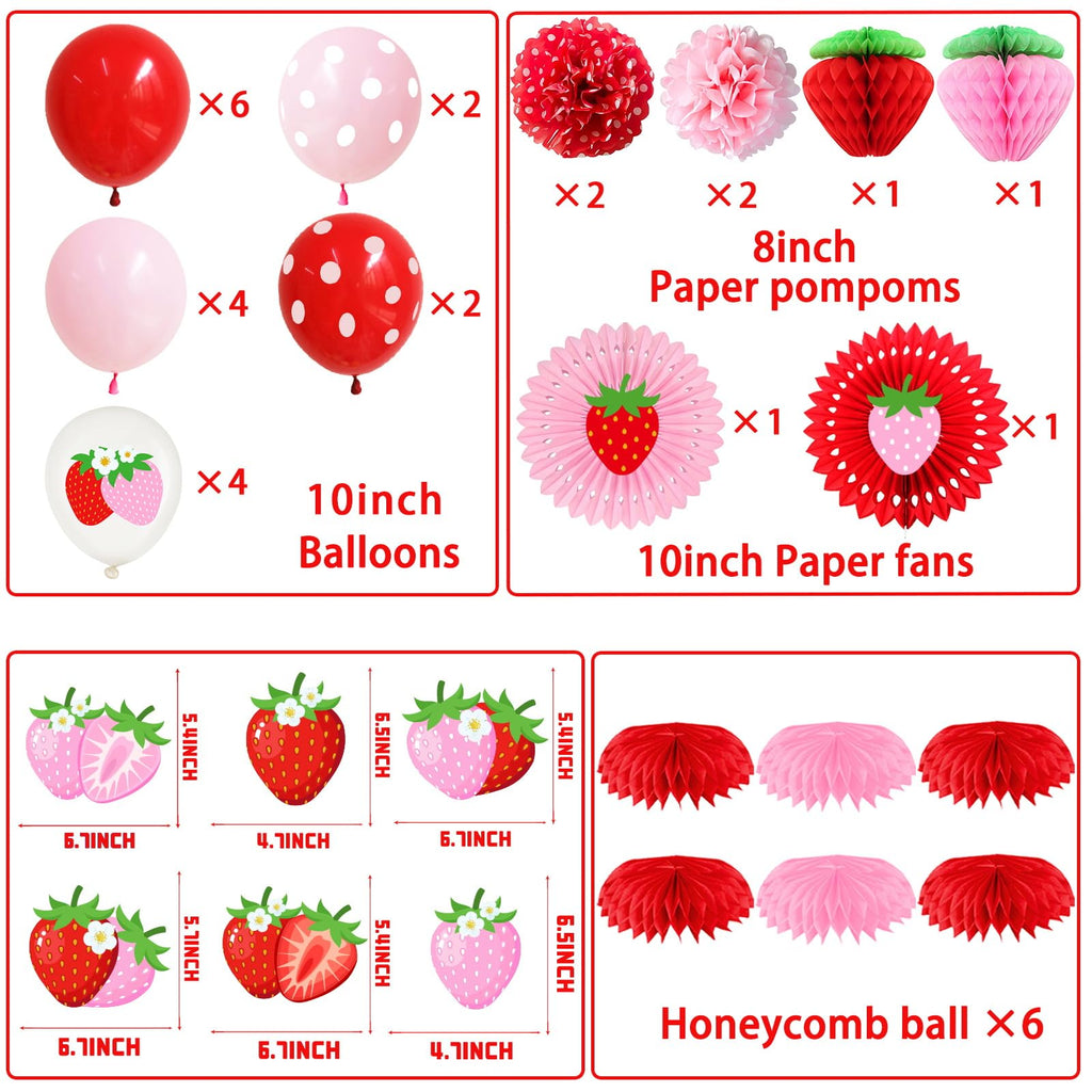 Strawberry Birthday Party Decorations with Strawberry Birthday Banner, Backdrop, Cake Topper, Balloons, Honeycombs, Hanging Swirls, Paper Fans & Pompoms