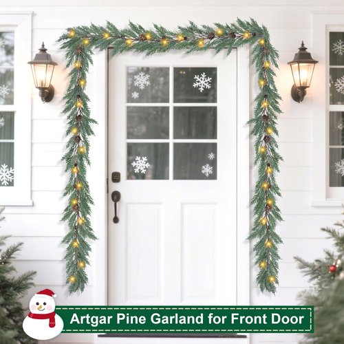Artgar Christmas Cedar Garland, 6 Ft Realistic Pine Garland, Prelit Christmas Garland with 30 Warm Lights with 8 Light Modes for Mantels Stair Table Indoor Outdoor Winter Xmas Decor (White-Green)