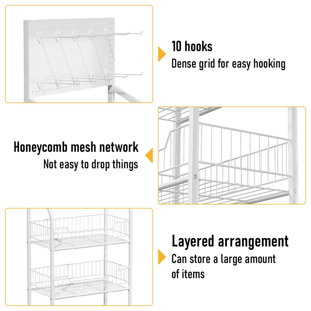 Qriocioa Retail Snack Display Rack 4-Tier White Metal Candy Potato Chip Metal Wire Display Shelf Brackets with Wheels & Hooks Multifunctional Snack Shelf Organizer for Pantry Kitchen, White