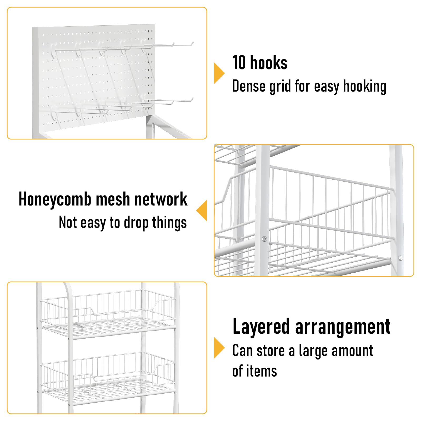 Qriocioa Retail Snack Display Rack 4-Tier White Metal Candy Potato Chip Metal Wire Display Shelf Brackets with Wheels & Hooks Multifunctional Snack Shelf Organizer for Pantry Kitchen, White