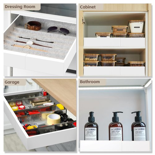 Bifixia 2Pack Expandable Pull Out Cabinet Organizer 21" Deep - Sliding Drawer Organizer Roll Out Shelves Adhesive - Adjustable Width 15.2"-26.2" W (White)