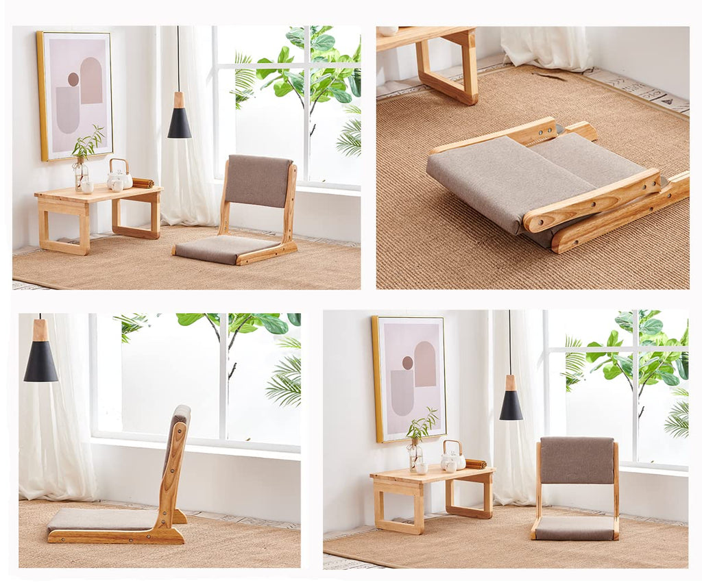 ZHEKUN Foldable Floor Chair with Back Support, Living Room Floor Seat, Portable Wood Legless TatamL Japanese Style Legless Chair, Lazy Sofa for Bay Window Meditation Reading, Balny Seat with Cushion