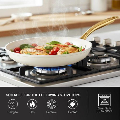 Gotham Steel 15 Pc Ceramic Cookware Set, Ceramic Pots and Pans Set Non Stick with Cooking Utensils and Steamer, Non Toxic PFOA PFOS Free, Premium Gold Stay Cool Handles, Oven & Dishwasher Safe