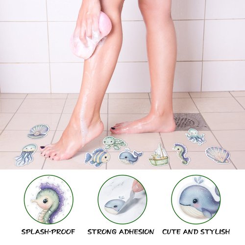 Bathtub Non-Slip Stickers for Shower - 20 PCS Bathroom Large Cute Sea Creature Anti-Slip Grips Stickers with Scraper for Kids Bath Tub and Slippery Floor Decor