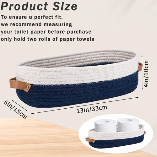 Hapforever 1 Pack Small Woven Storage Basket for Toilet Tank Top, Bathroom Countertop Organizer Cotton Rope Toilet Paper Storage Decorative Basket 13"x6"x4"(Navy/White)