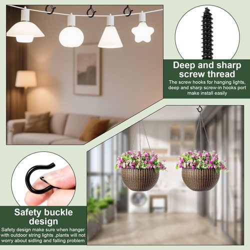 InPoTo 12PCS Q Hanger Hooks with Safety Buckle, Windproof Screw Hooks, Outdoor String Lights, Plants, Christmas Lights, Patio Lights Use, 2.2 Inches, Black with 1 Wing Nut Driver