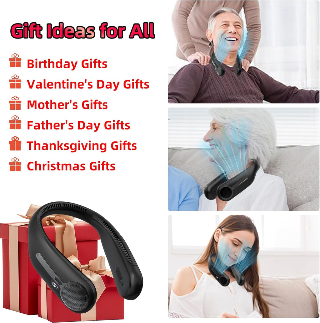 Skiennix Portable Neck Fan - Hands-Free Bladeless Design with 360° Cooling | USB Rechargeable, LED Display, 4 Speeds (Black)