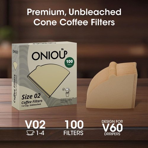 V60 Coffee Filters 02, ONIOU Unbleached Size 02 Cone Coffee Filters, 100 Count Natural Brown Pour Over Paper Filters for V60 & Others 1–4 Cup Coffee Dripper - Package May Vary