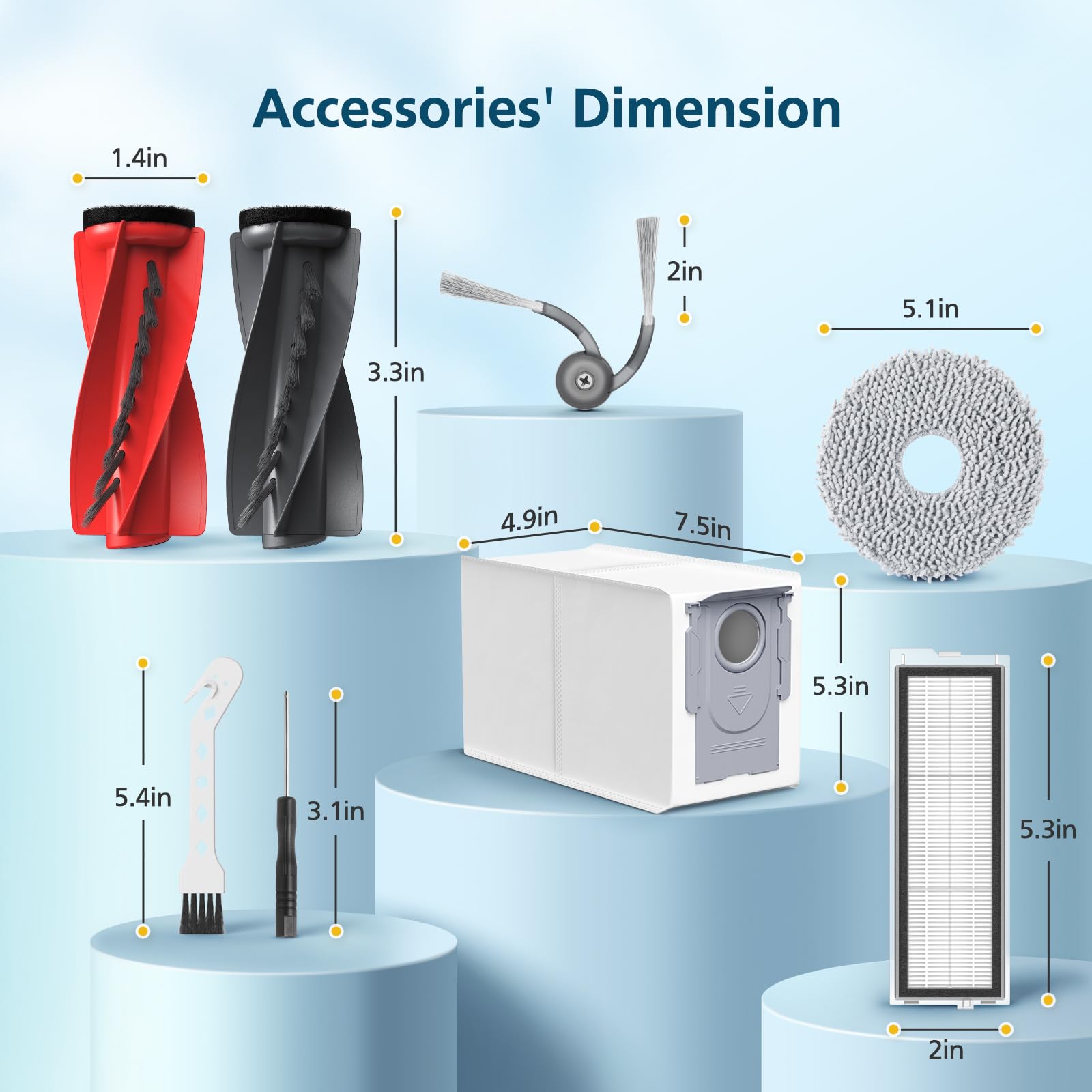 Qrevo S5V Replacement Parts for Roborock Qrevo S5V / Curv/Edge/Edge S5A / Curv S5X, Accessories include 2*Set Main Brush, 6*Mop Pads, 6*Vacuum Bags, 4*Hepa Filters, 6*Side Brush, 2*Cleaning Tool