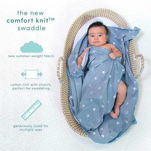 aden + anais Comfort Knit Baby Swaddle Blanket for Newborn Girl and Boy, Super Soft Cotton with Spandex, Versatile Stroller Cover, Burp Cloth, Nursing Shield, 47 x 47 Inch, Blue Moon