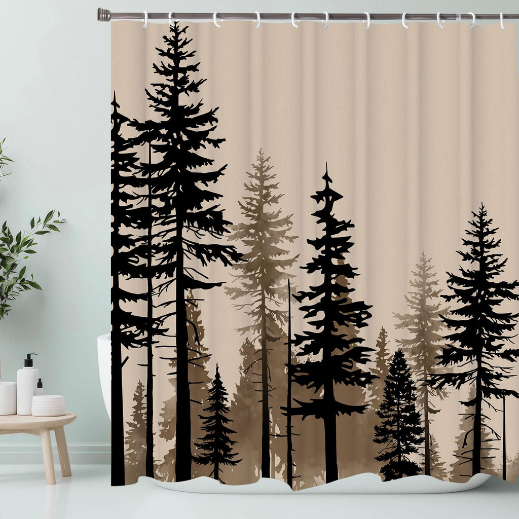 LKFBSC Farmhouse Forest Shower Curtain, Pine Trees Retro Vintage Misty Woodland Fabric Shower Curtains Set, Nature Cabin Cottage Rural Bathroom Curtains with Hooks, Brown Black 72x72inch