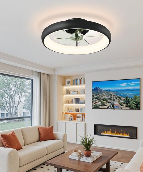 Fivesun Ceiling Fans with Lights and Remote, 20" Modern Low Profile Ceiling Fan with Light, 2700K-7000K Stepless Dimming Fandelier Flush Mount Led Fan Light and 6 Wind Speeds for Bedroom(Black)