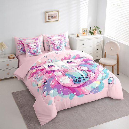 Erosebridal Axolotl Comforter Cute Salamander Pattern Kawaii Bedding Set 7 Pieces Twin Size Sweet Dessert Milk Tea Sheet Set Ocean Beach Coastal Flat Sheet for Kids Girls Boys Bedroom Decor,Pink