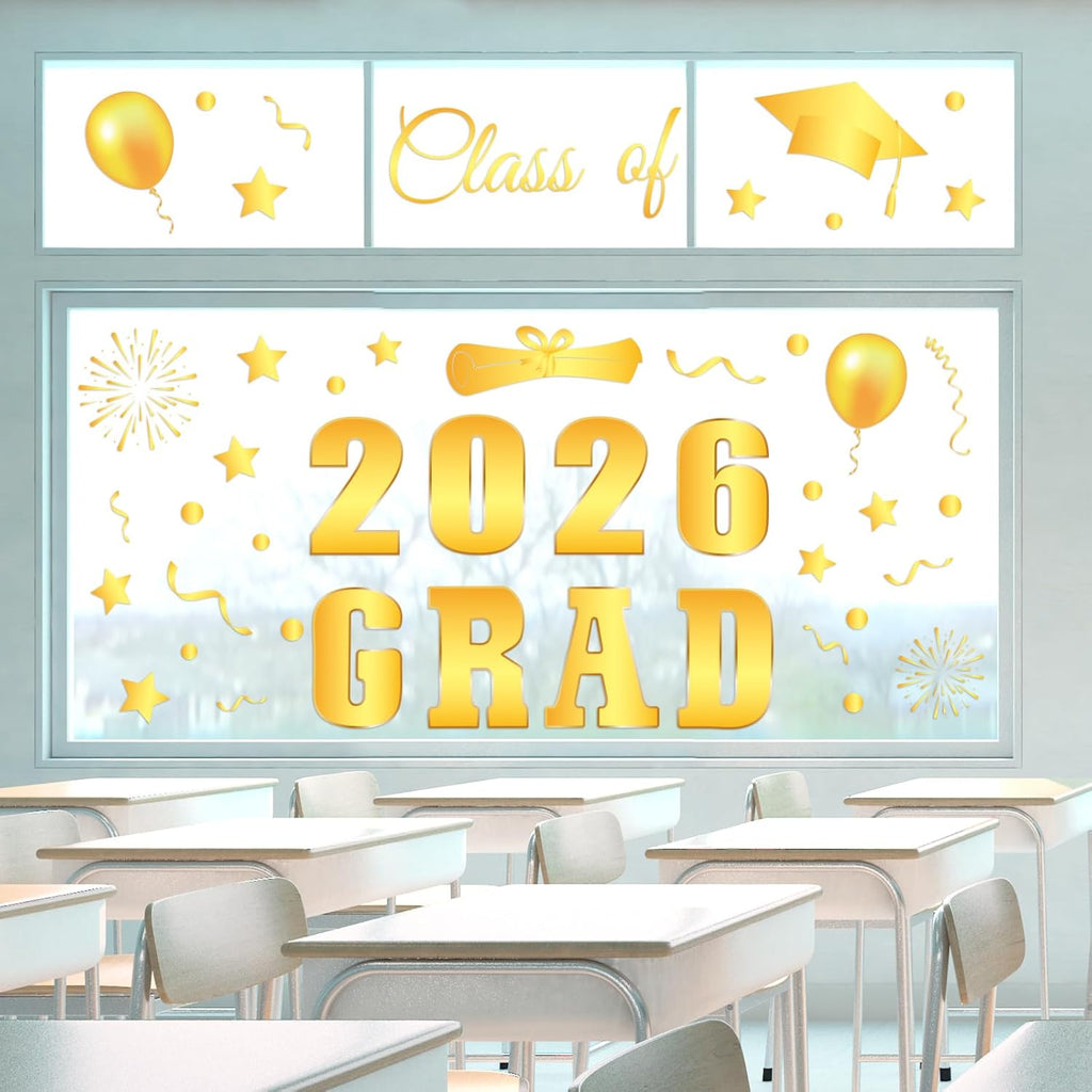 Whaline Graduation Window Clings - Class of 2026 Gold Foil Decor | Reusable Decals for Home & School