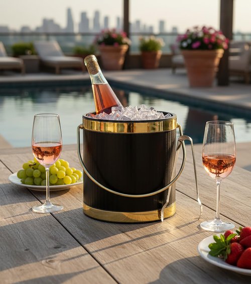 Made In USA Metallic Deco Collection Double Walled Insulated Ice Bucket With Ice Tongs (5-Quart, Black & Gold)