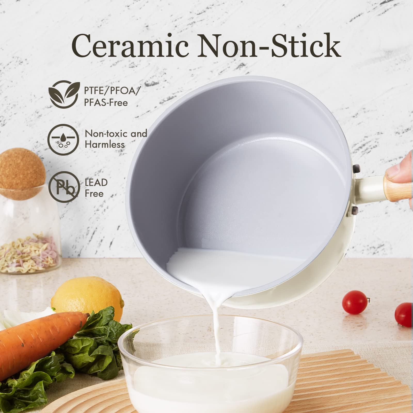 ROCKURWOK Ceramic Nonstick Sauce Pan with Lid, 1.5 Qt Small Pots for Cooking, Small Pot Wooden Handle for Cool Touch, Non Toxic & Pfas-Free Saucepan, Universal Base(Gas, Electric & Induction), White