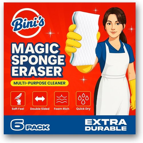BINI'S Magic Sponge Eraser - Extra Durable Multi-Purpose Cleaner Pads | 6 Count for Shoes, Bathrooms & Cars