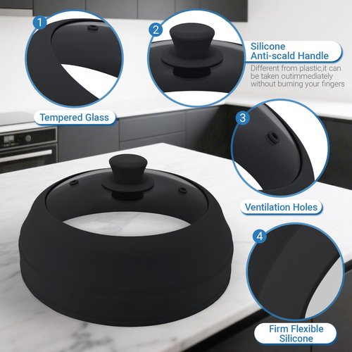 Microwave Splatter Cover Glass,10.5 Inch Collapsible Microwave Cover for Food Glass, Silicone Vented Splatter Guard Lid, Silicone Dish Plate Cover, Dishwasher Safe, Heat Resistant, BPA-Free, Black