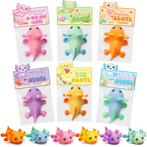 Jumlys Valentines Day Cards for Kids School, 24 Packs Cute Axolotl Squeeze Toys, Valentine Day Party Favors for Boys Girls, Ideal Exchange Cards for Classroom