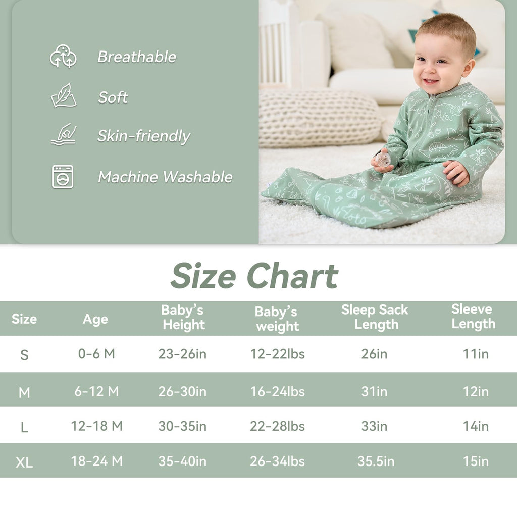 FIEMOL Baby Sleep Sack 6-12 Months, Long Sleeve Baby Wearable Blanket 0.5 Tog with Mittens, 2-Way Zipper Infant Cotton Sleeping Sack for Boy and Girl Green Dinosaur 2 Pack (Medium)