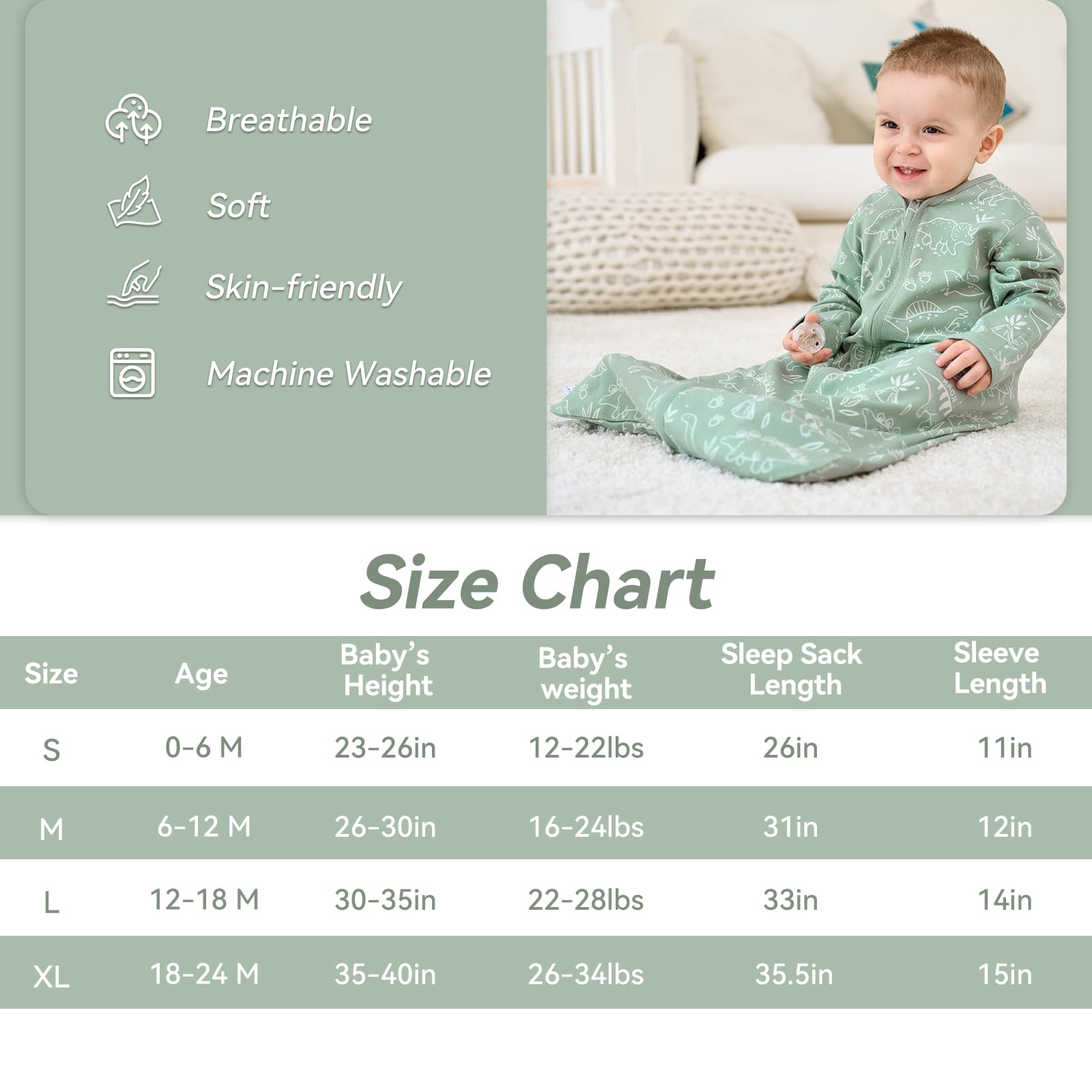 FIEMOL Baby Sleep Sack 6-12 Months, Long Sleeve Baby Wearable Blanket 0.5 Tog with Mittens, 2-Way Zipper Infant Cotton Sleeping Sack for Boy and Girl Green Dinosaur 2 Pack (Medium)