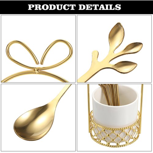 ELLDOO Coffee Spoon Set, White Ceramic Holder with 8 Stainless Steel Gold Leaf Coffee Spoons, Creative Flatware Set for Stirring, Mixing, Sugar, Ice Cream, Cake (8 x Spoons)
