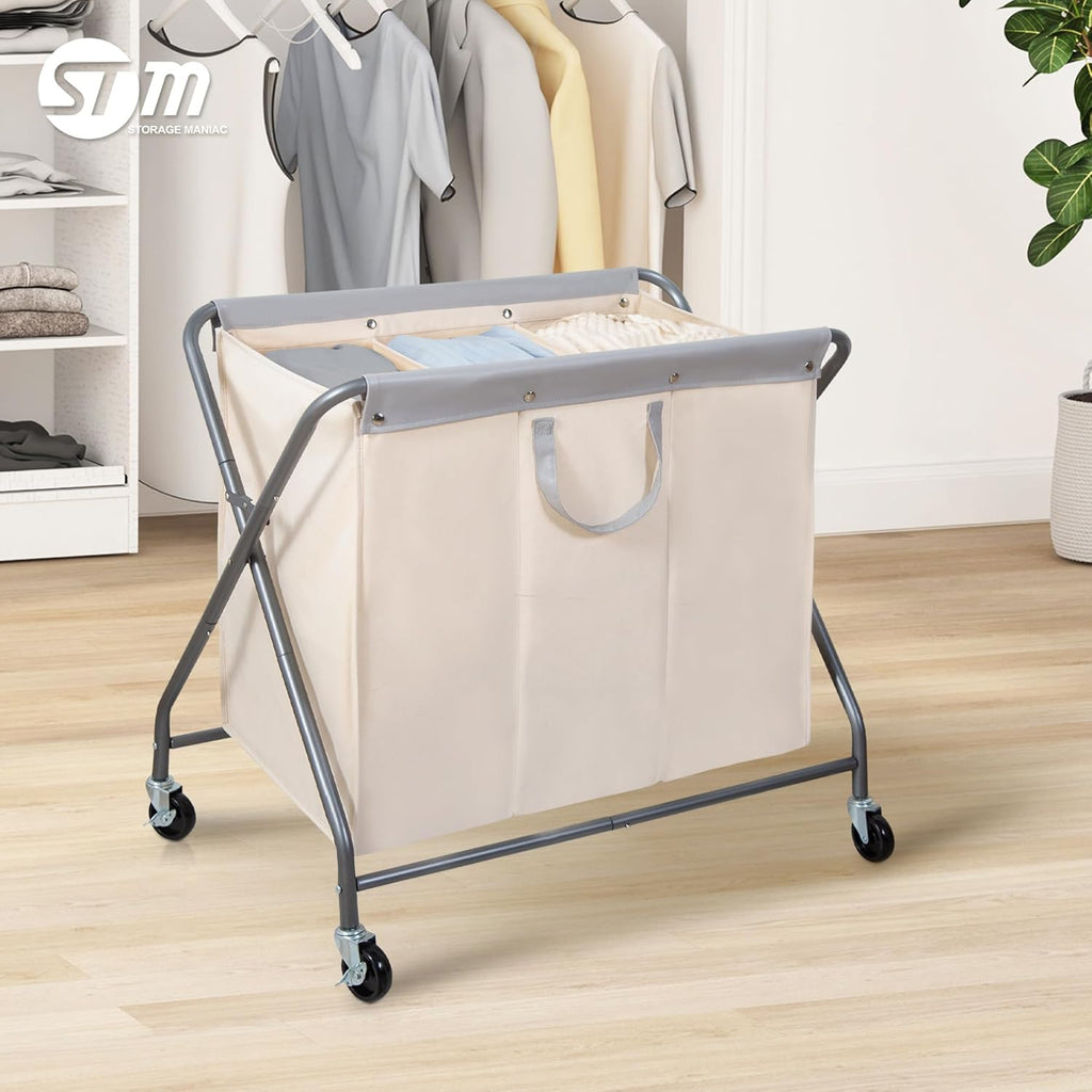 Storage Maniac 160L Collapsible Laundry Hamper - Heavy Duty Rolling Basket with Removable Bag & 3 Sections