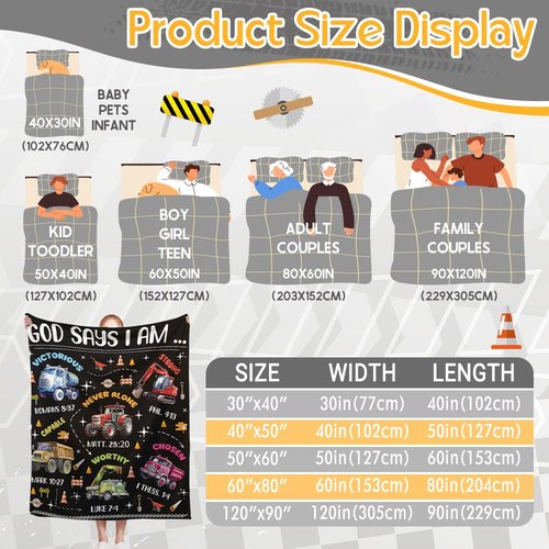Kids Christian Truck Blanket for Boys - God Says I Am Construction Trucks Bible Verse Gifts for Truck Tractor Lovers Toddlers - Super Soft Flannel Throw Sheets 50" x 40" Decor for Crib Nap Couch Sofa