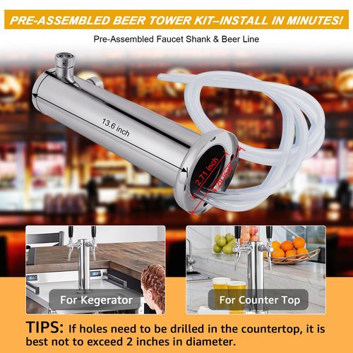 FERRODAY Upgraded Long Shank Adjustable Faucet Kegerator Tower Dual Faucet Beer Tower Double Tap Beer Tower Dispenser Beer Tap Kegerator Parts Pre-assembled Lines 3" Keg Tower Beer Keg Tap