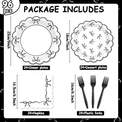 **Regine Switzerland 96-Piece Bow Party Decorations | Elegant Black & White Tableware for 24 Guests**