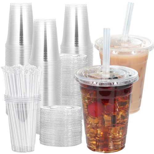 Kuerqi 100 Sets 16 Oz Plastic Cups with Lids and Straws, Iced Coffee Cups with Lids, Disposable Clear Plastic Cups with Lids for Iced Coffee, To-Go Drinks and Smoothies, Lemonade Stand Supplies