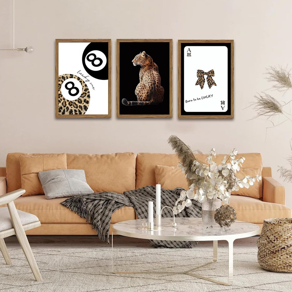 Trendy Cheetah Wall Art Set of 3 Black and White Leopard Bow Wall Decor Painting Lucky 8 Ball Poster Canavs Print Aesthetic for Bedroom Living Room 16x24 inch Wood Framed