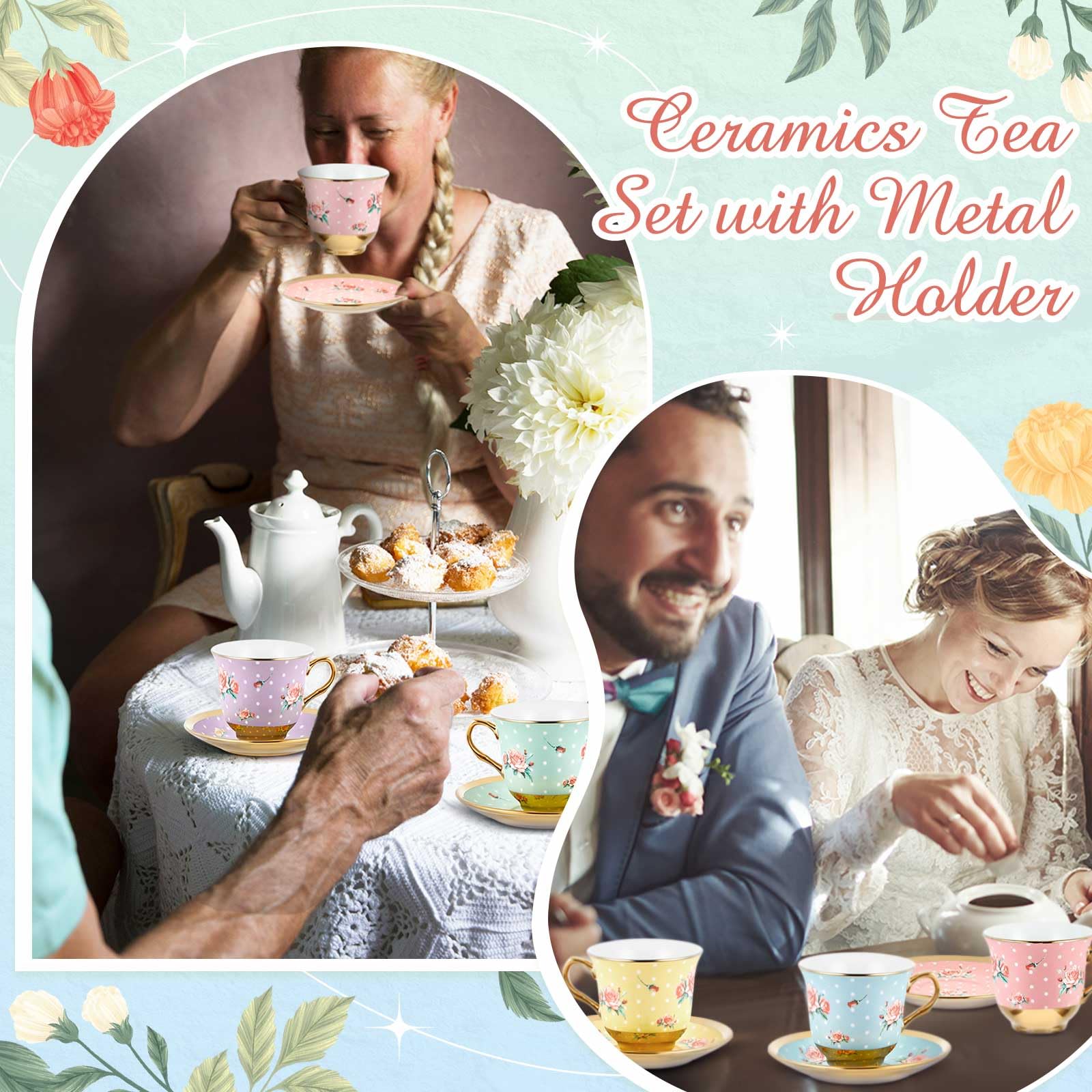 Teenyyou Set of 12 Tea Cups and Saucers Tea Party Decorations Floral Porcelain 5.4 oz British Gift for Women Birthday Party, Church, and Mother's Day (Vintage Style)