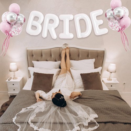 BRIDE Balloons Bachelorette, 16 inch White Bride Balloons for Bachelorette Party Decorations, Giant Wedding Foil Balloon Letter Banner for Wedding Engagement Bride To Be Party