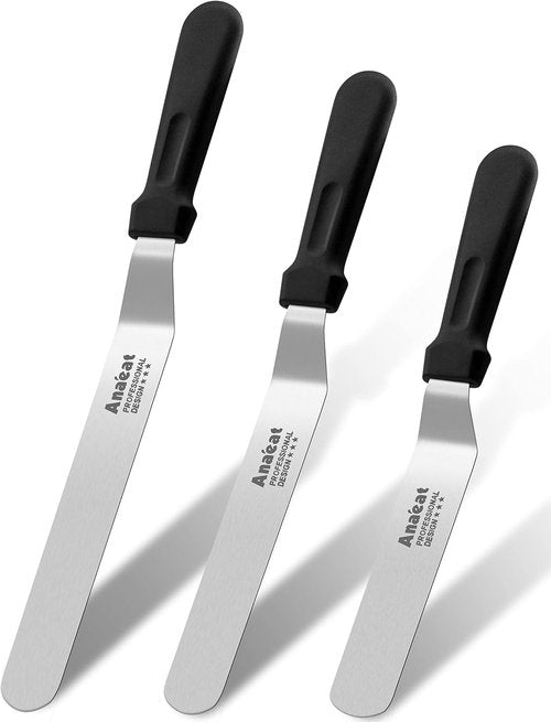 Anaeat Icing Spatulas - Set of 3 Professional Angled Offset Cake Spatulas | Stainless Steel Blades (6", 8", 10") for Perfect Frosting and Baking