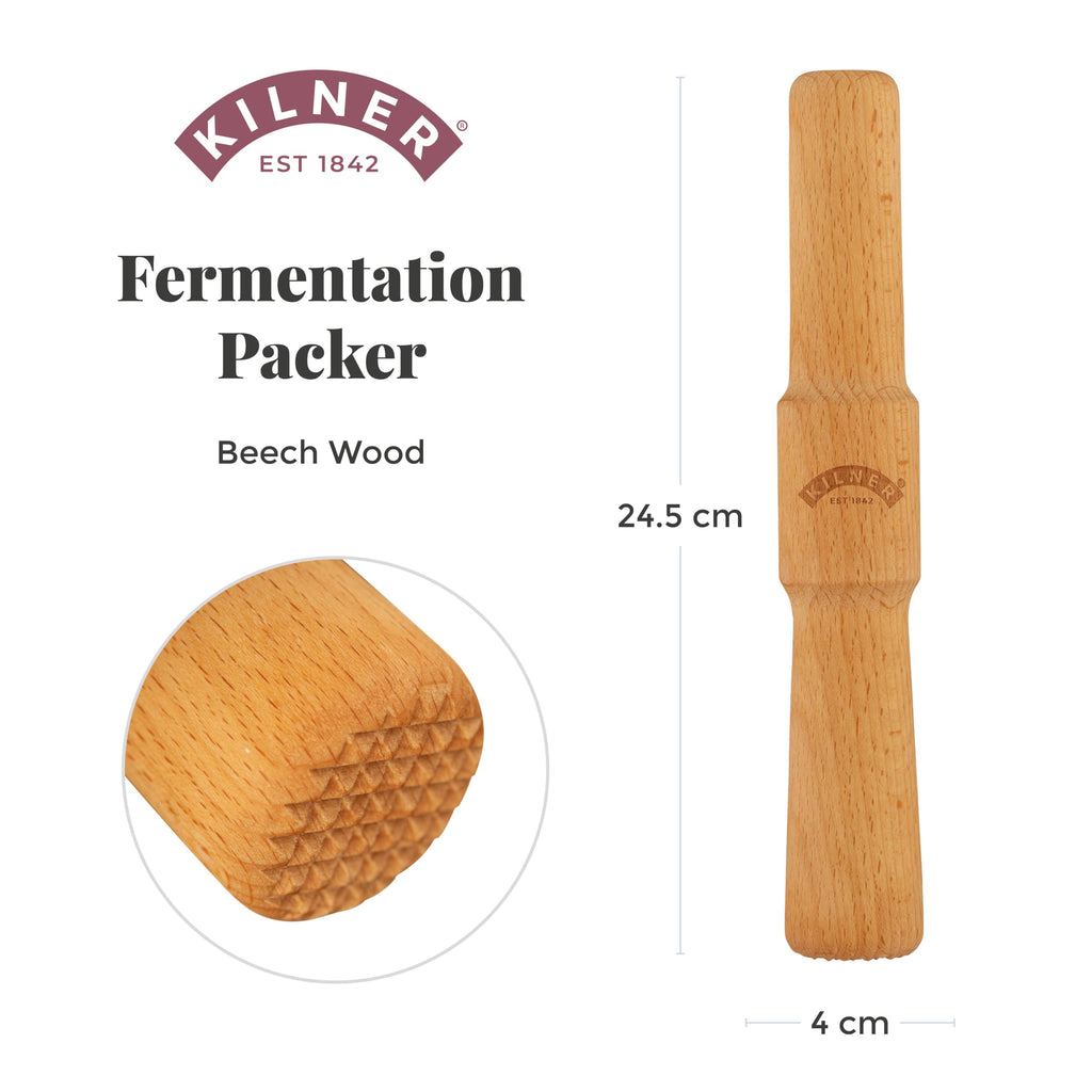Kilner Fermentation Packer Beech Wood Tool for Preparing Sauerkraut & Kimchi, Textured Mashing Head for 3L & 5L Fermentation Sets with Wide Mouth Jars
