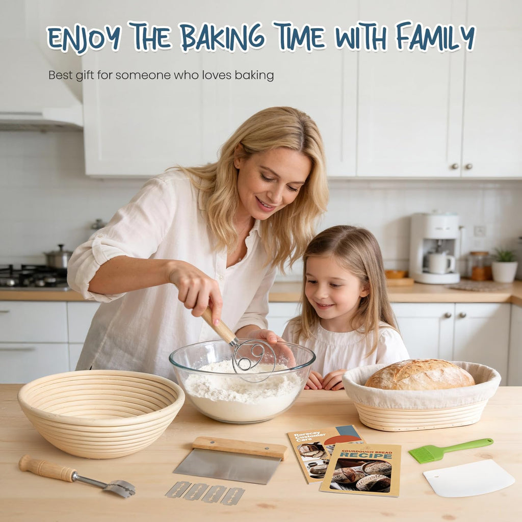 RORECAY Proofing Basket Set - 9" Round & 10" Oval Cane Baskets with Dough Whisk & Scrapers for Sourdough Baking