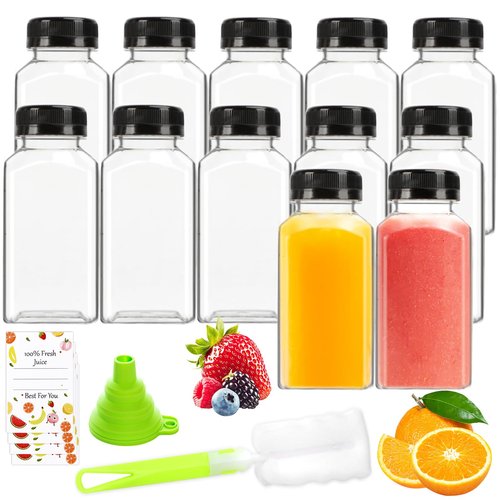 Leaflai Juice Bottles - 8oz Bottles with Lids, 12 pcs Plastic Juice Containers with Caps Reusable Drink Containers for Juice Milk Coffee Water Smoothie and Other Beverages,Christmas gift