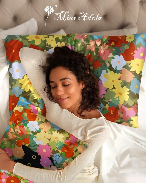 Miss Adola Silk Pillow Cases 2 Pack - Standard Size 20 x 26 Inch Silky Pillowcase for Hair and Skin Soft Cute Aesthetic Bed Sleeping Pillow Cover with Zipper for Women, Cat Flowers