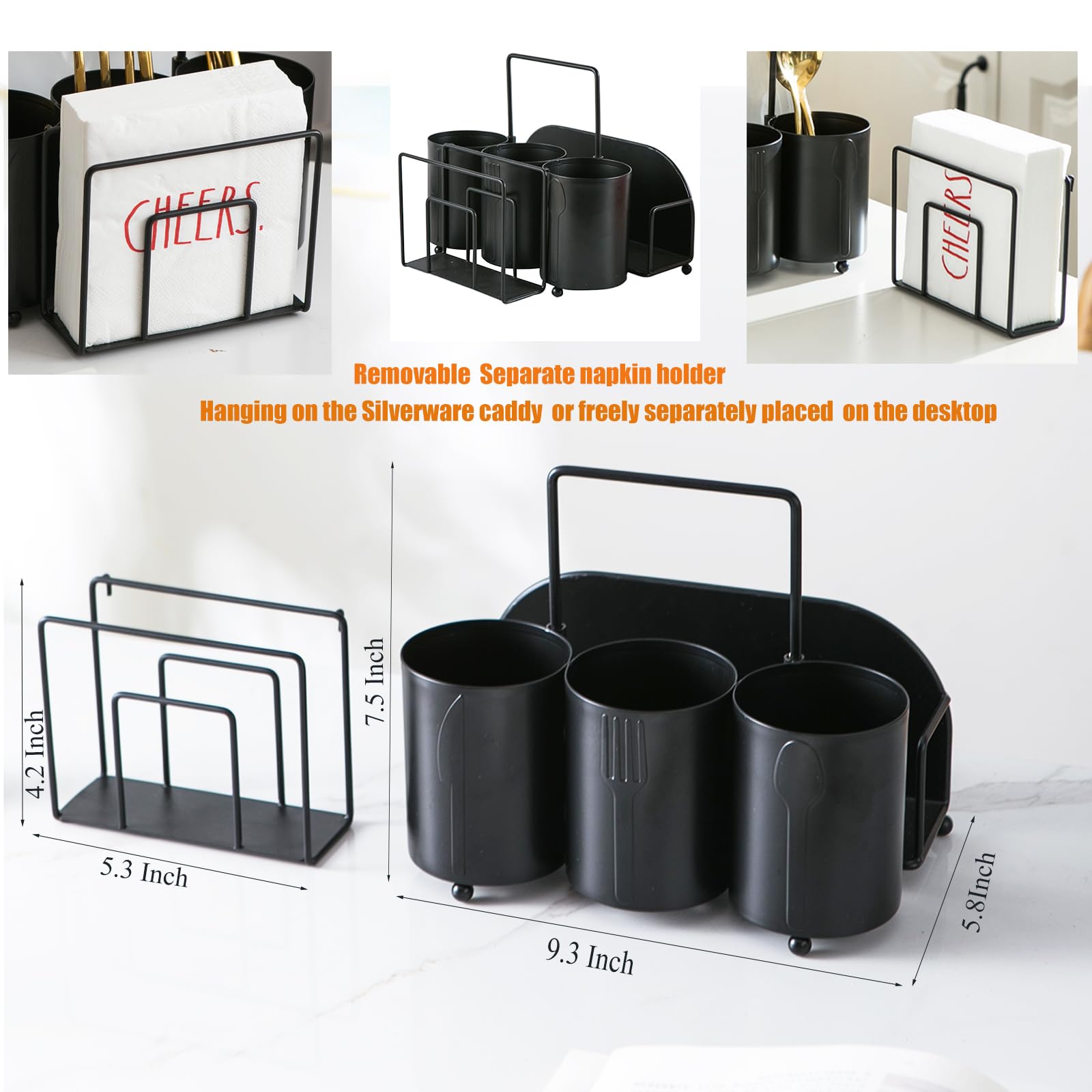 NelyBet Silverware Caddy Utensil Holder for Countertop Utensil Caddy with Paper Plate Napkin Holder Cutlery Flatware Silverware Organizers for Outdoor Party Camping Picnic - Black Metal