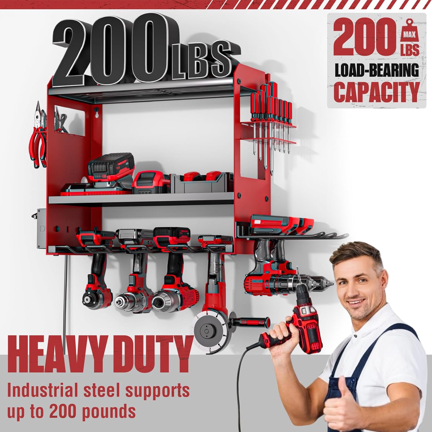 YYR Power Tool Organizer - Wall Mount Charging Station & Heavy-Duty Drill Holder - Red