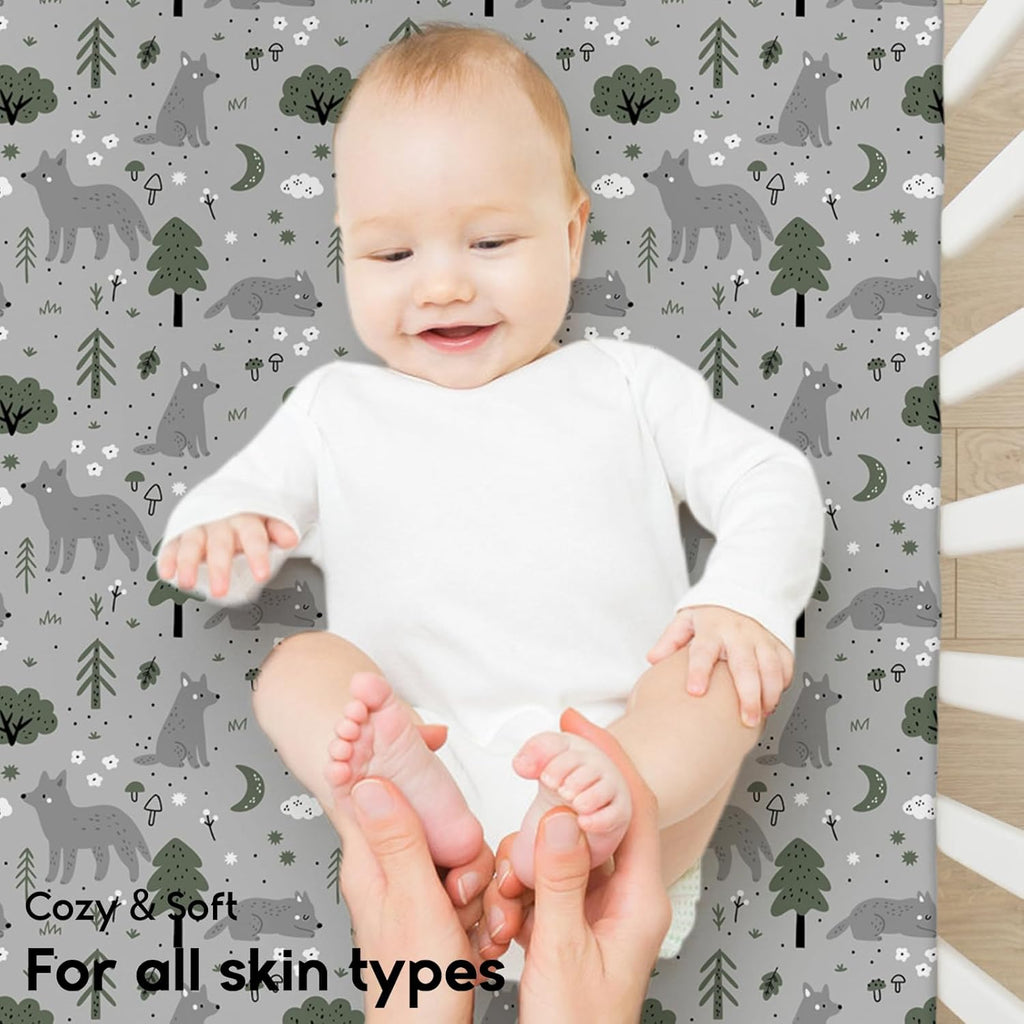 Yoofoss Fitted Pack and Play Sheets - Soft, Breathable Mini Crib Sheets 2-Pack in Gray-Green & Fox Design