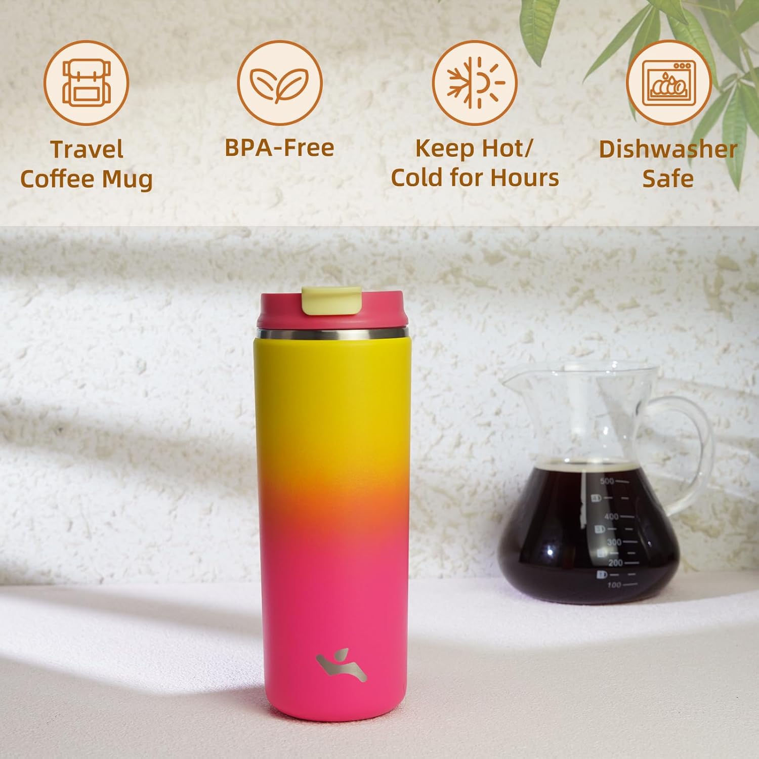 Skiennix 16 oz Insulated Travel Coffee Mug - Double Wall Stainless Steel with Lid | Rainbow Design
