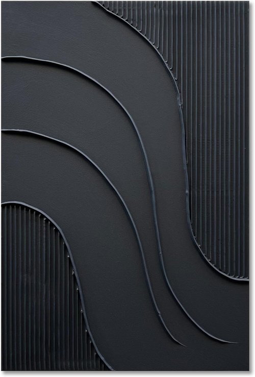 NANKAI Hand-Painted Black Minimalist Oil Painting - Thick Texture 24x36 Inch Abstract Wall Art
