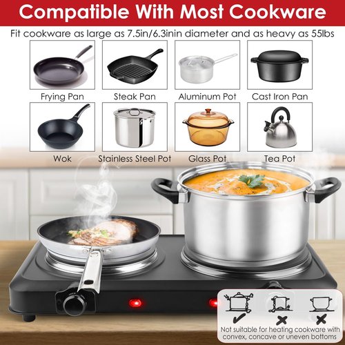 TeqHome Countertop Infrared Double Burner, 2000W Electric Hot Plate with 7.5" Ceramic Glass Cooktop, Stepless Temperature Adjustable & Heat-up In Seconds for Home Dorm, Compatible with All Cookware