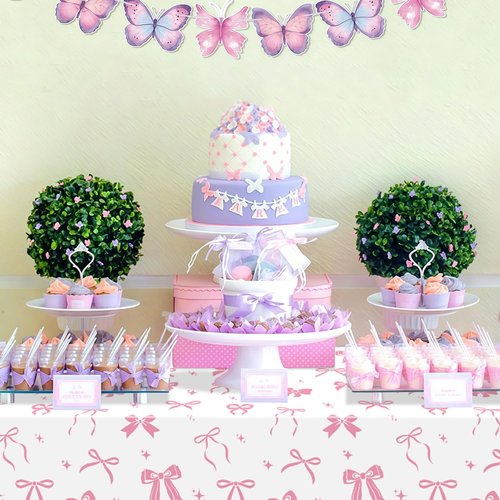 APUXXJUPA 4 Pcs Pink Bow Table Cloths, 51 x 86 '' White and Pink Bow Birthday Decorations for Coquette Birthday Decorations Baby Shower Party Supplies