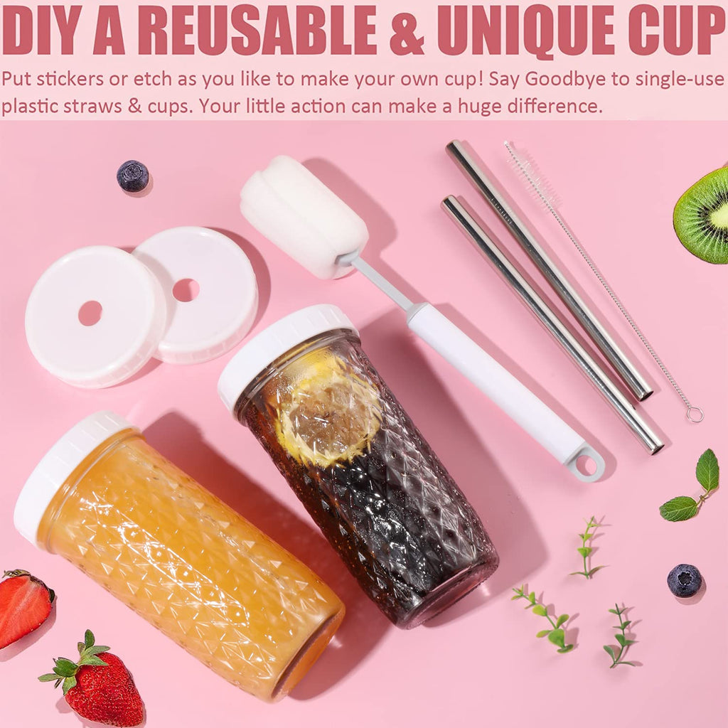 ASANMEYO 2 Pcs 24oz Glass Cups Set, Mason Jar Drinking Glasses with Lids and Straws & 2 Airtight Lids, Cute Reusable Smoothie cups, Iced Coffee Cups, Travel Tumbler for Bubble Tea, Juice, Gift