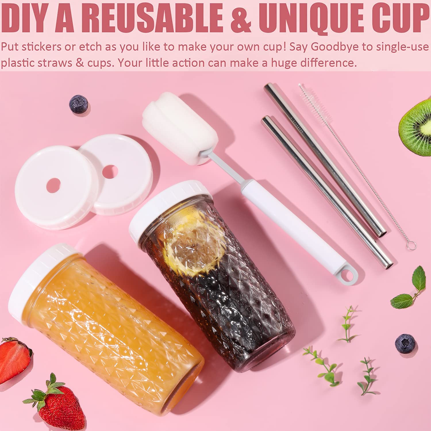 ASANMEYO 2 Pcs 24oz Glass Cups Set, Mason Jar Drinking Glasses with Lids and Straws & 2 Airtight Lids, Cute Reusable Smoothie cups, Iced Coffee Cups, Travel Tumbler for Bubble Tea, Juice, Gift